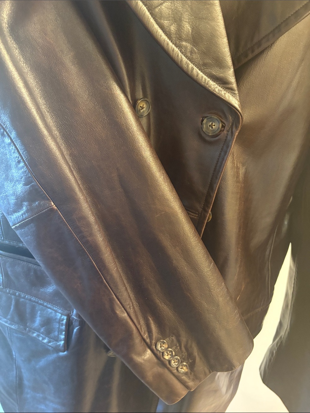 Fall 2001 Banana Republic Men’s Dark Brown Leather Double-Breasted Coat - Picture 9 of 11